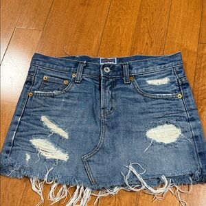 Distressed Blue Denim Mini Skirt - Women's Frayed Hem